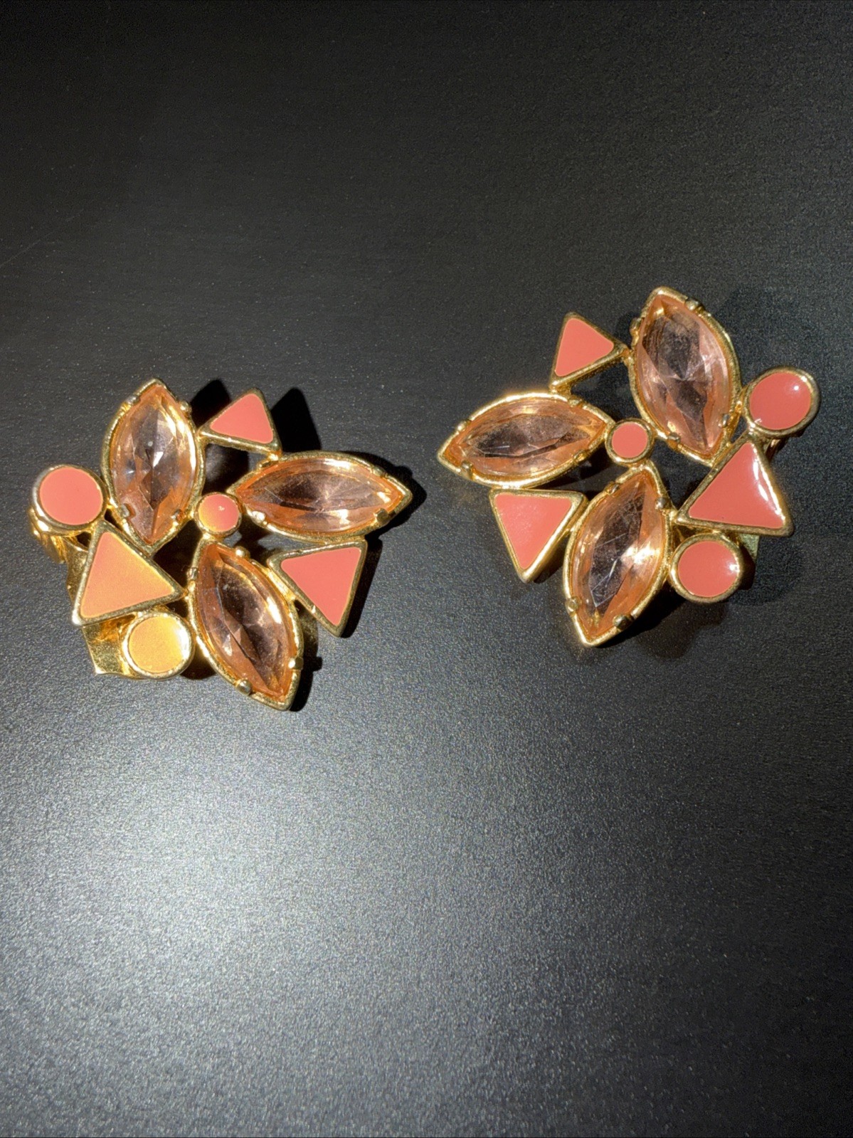 Vintage Signed Yves Saint Laurent YSL Pink Enamel Rhinestones Clip Earrings