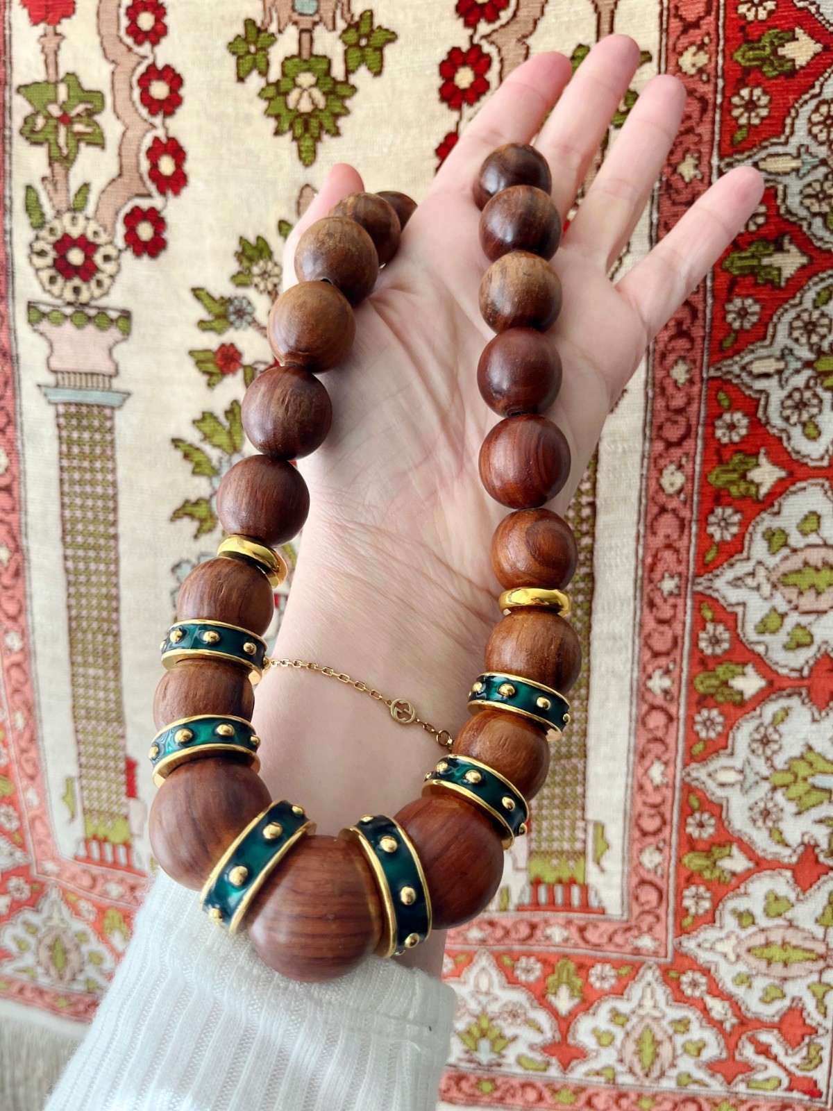 Rare Vintage Yves Saint Laurent YSL Wood Beaded Necklace Green Enamel Gold