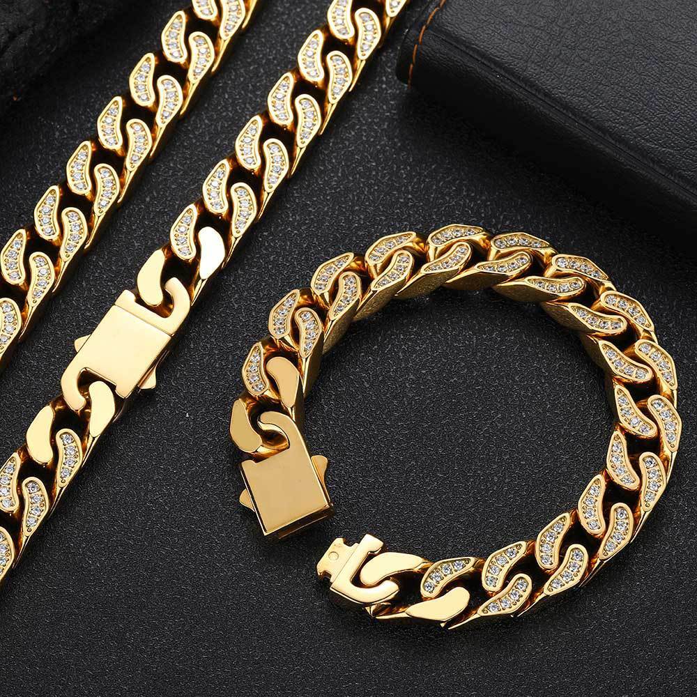 Steel Cuban Link Chain Necklace Full Zircon Mens Jewelry 12mm Hip Hop Stainless