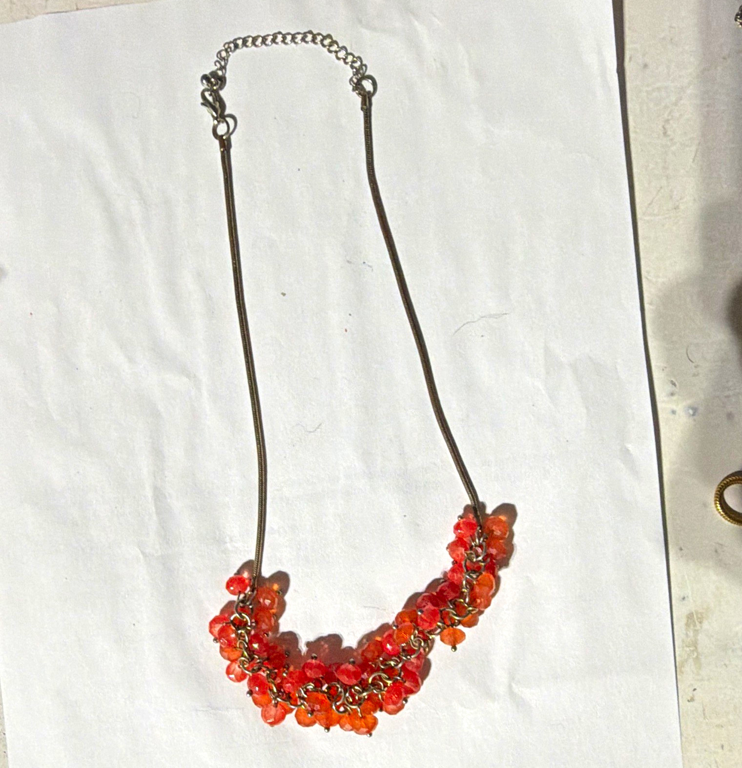 Silver Tone Snake Chain Statement Necklace Orange Round Crystal Beads, Lobster