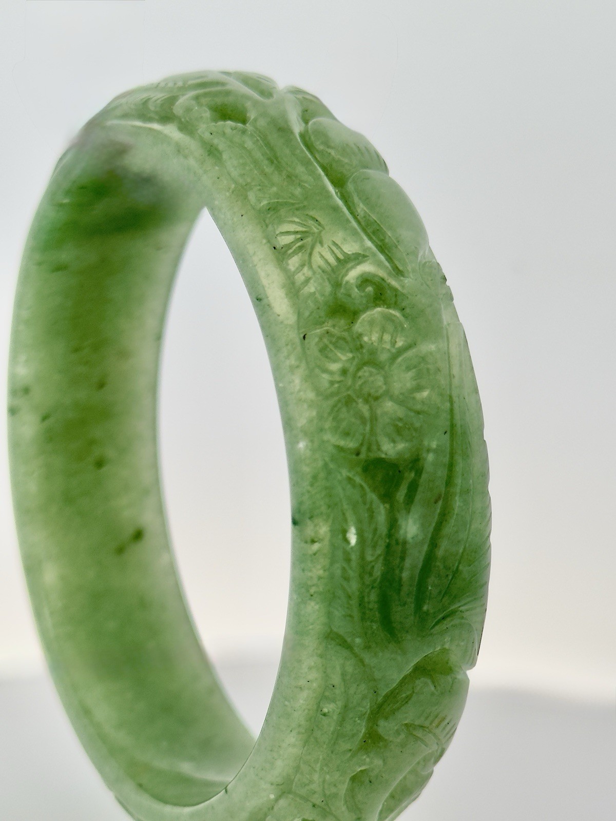 Mid Century Hand Carved Floral Garden Mainland China Jade Statement Bracelet