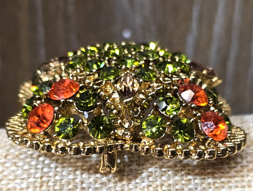 Vintage Domed Large Brooch Olivine Green Orange & Topaz Rhinestones Gold Tone