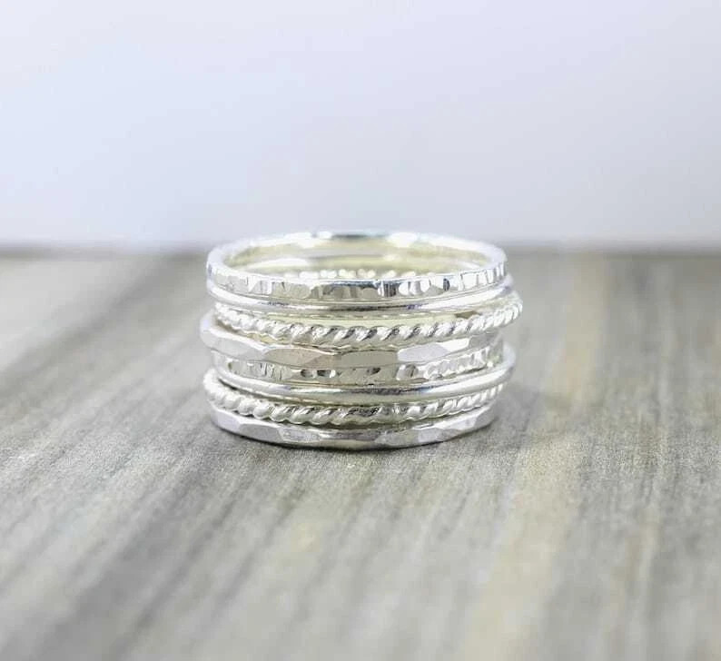 925 Sterling Silver, Solid Silver, Band Ring, Unisex, Set of 8 Stacking Rings