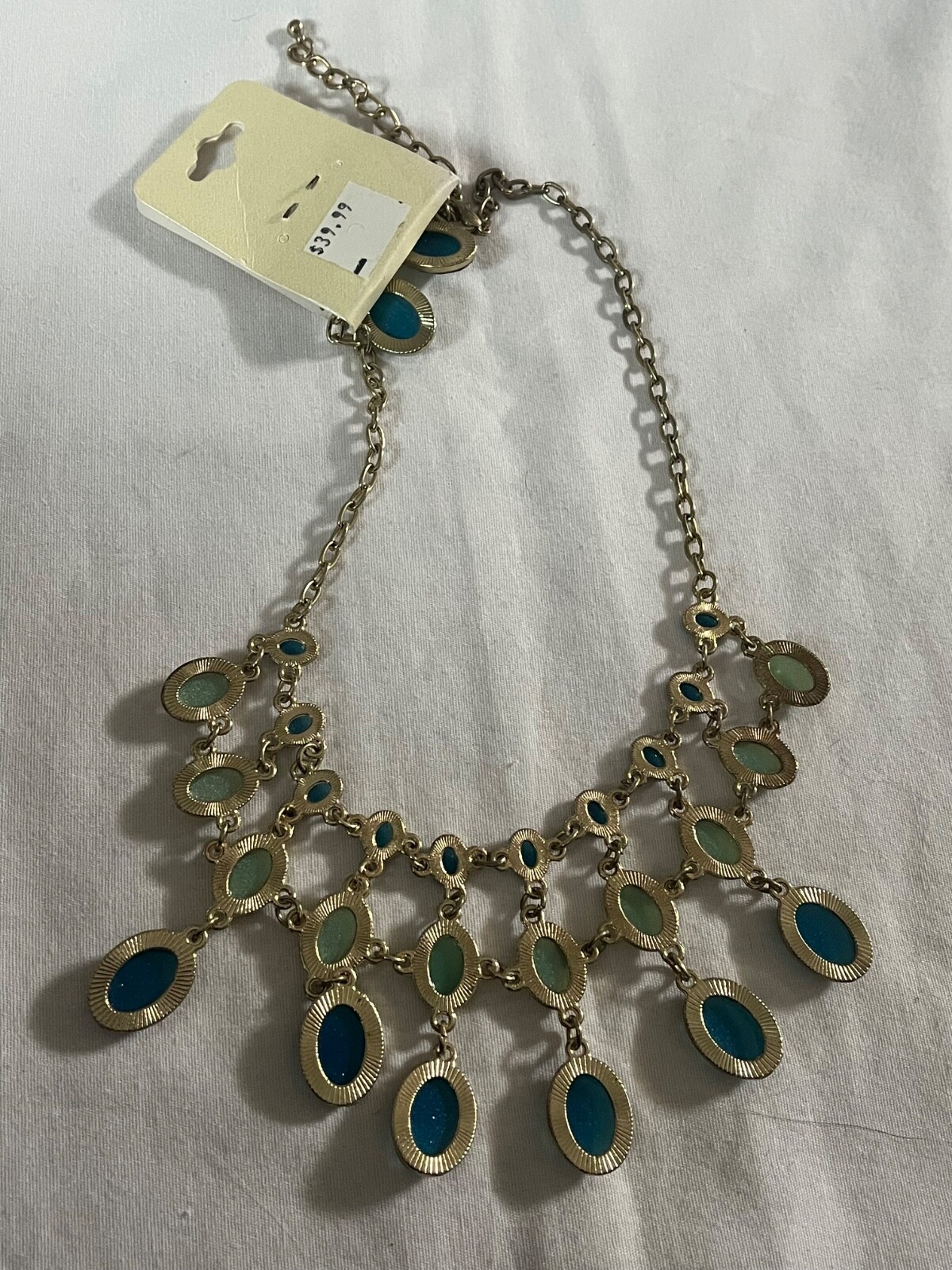 YES Green & Blue Dangle Stones Gold Necklace & Pierced Earring Set NEW ret $40