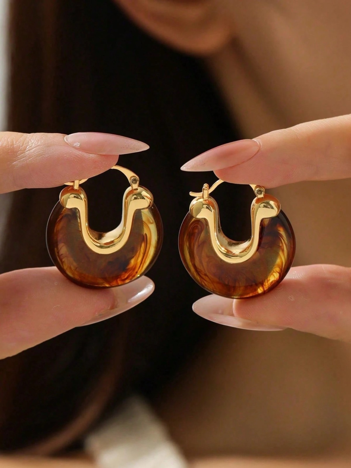 Gold Tone Marbled Wide Hoop Earrings Women Fashion Jewelry Gift Set Style Dangle