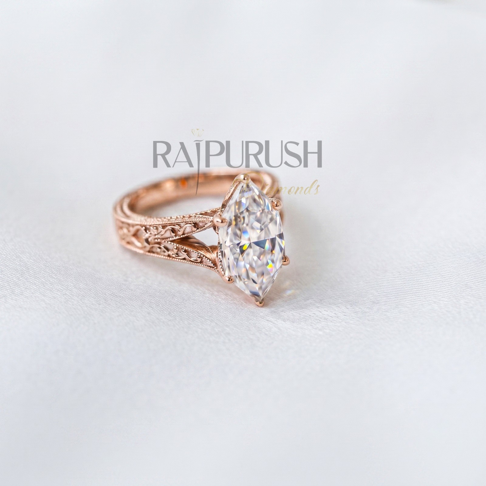 Marquise Cut Moissanite Art Deco Engagement Ring 925 Sterling Silver Bridal Band