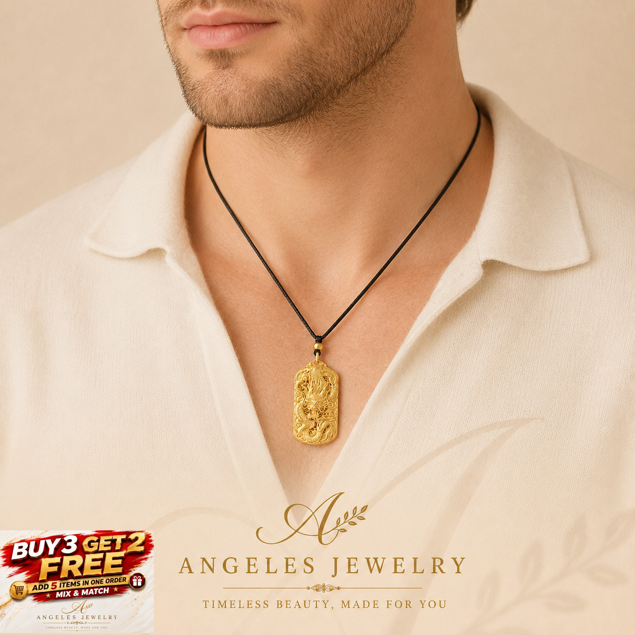 Power Dragon Carved Pendant Necklace Lucky Charm 18K Gold Plated Dainty Gemstone