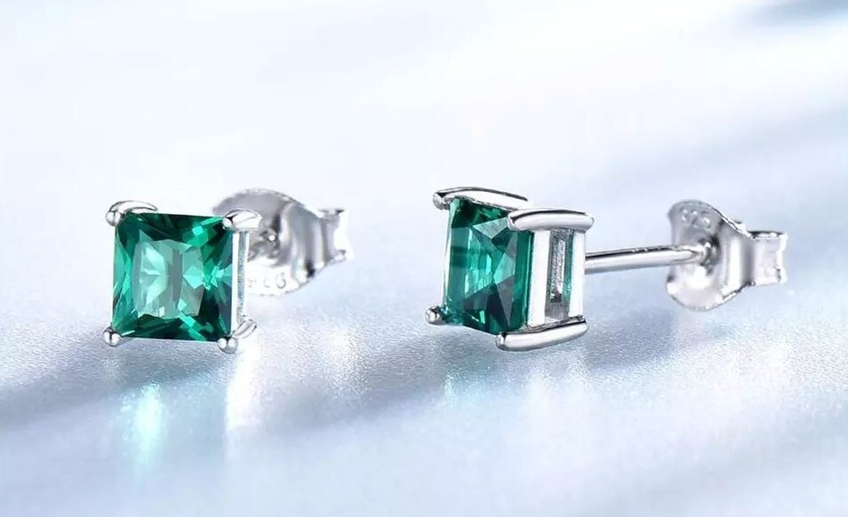 925 Sterling Silver 3 Pack Princess Cut Green Red and Blue Stud Earrings