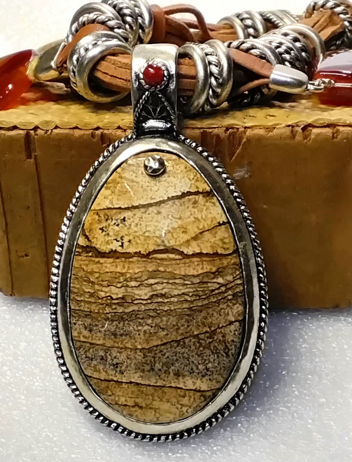 CHICO’S Pretty as a “Picture 🖼 Jasper” 12″L Necklace+Matching 2″L Earrings Ag1
