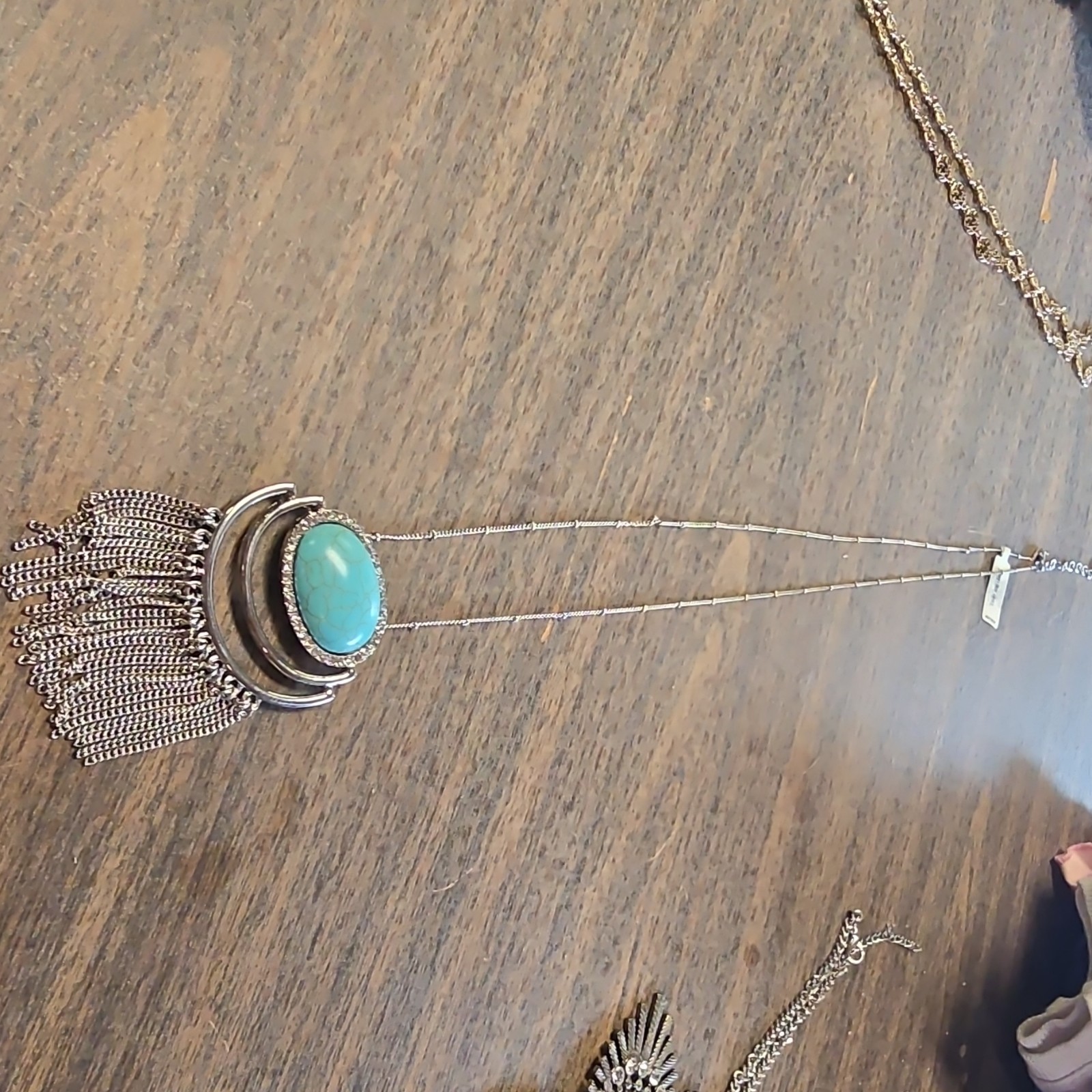 Silver Tone Oval Turquoise Bezel Fringe Statement Pendant Necklace Box Chain