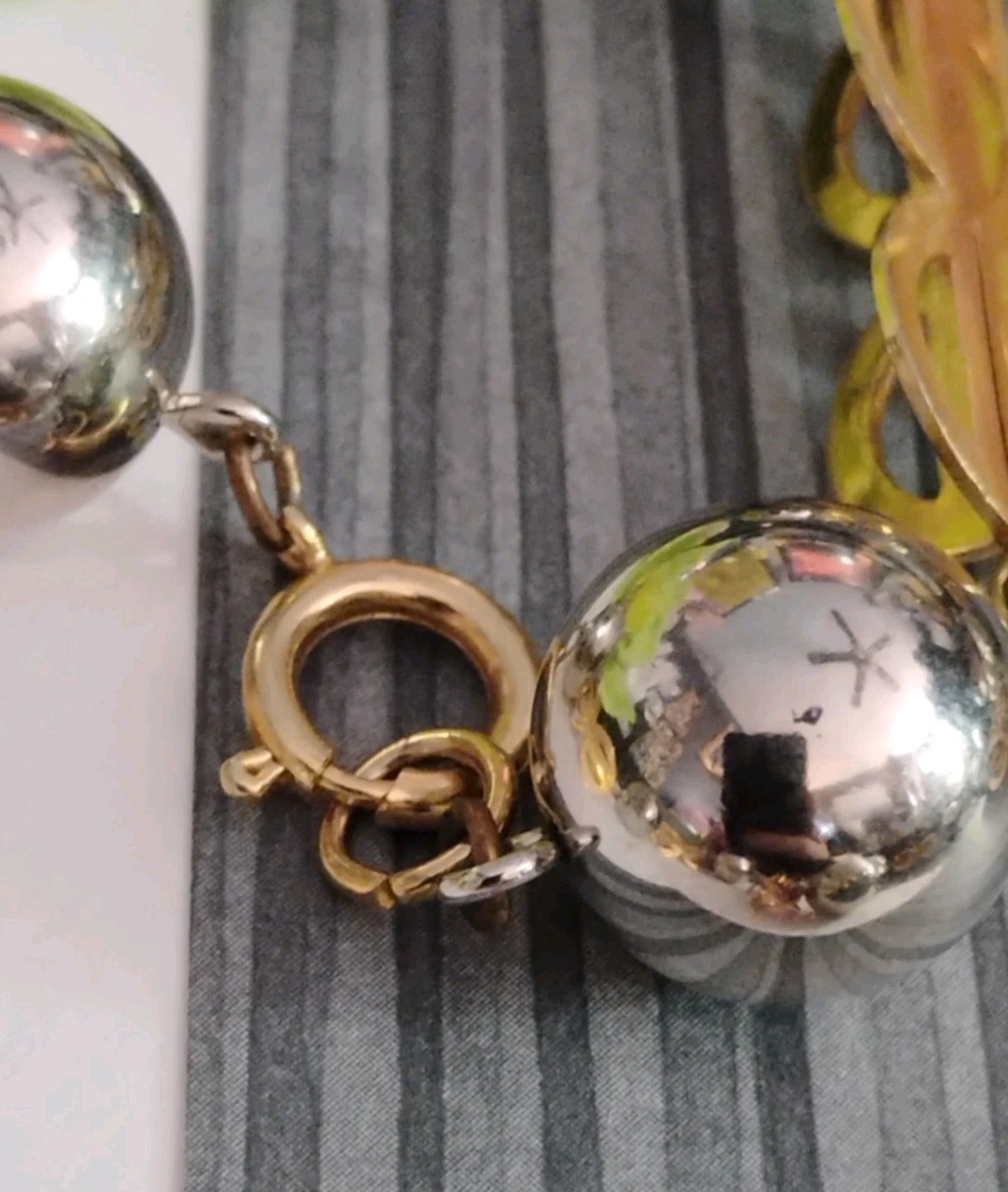 Vintage GEOMETRIC Beaded Bauble Dual Metallic 28″ Spring Ring Chain Necklace!