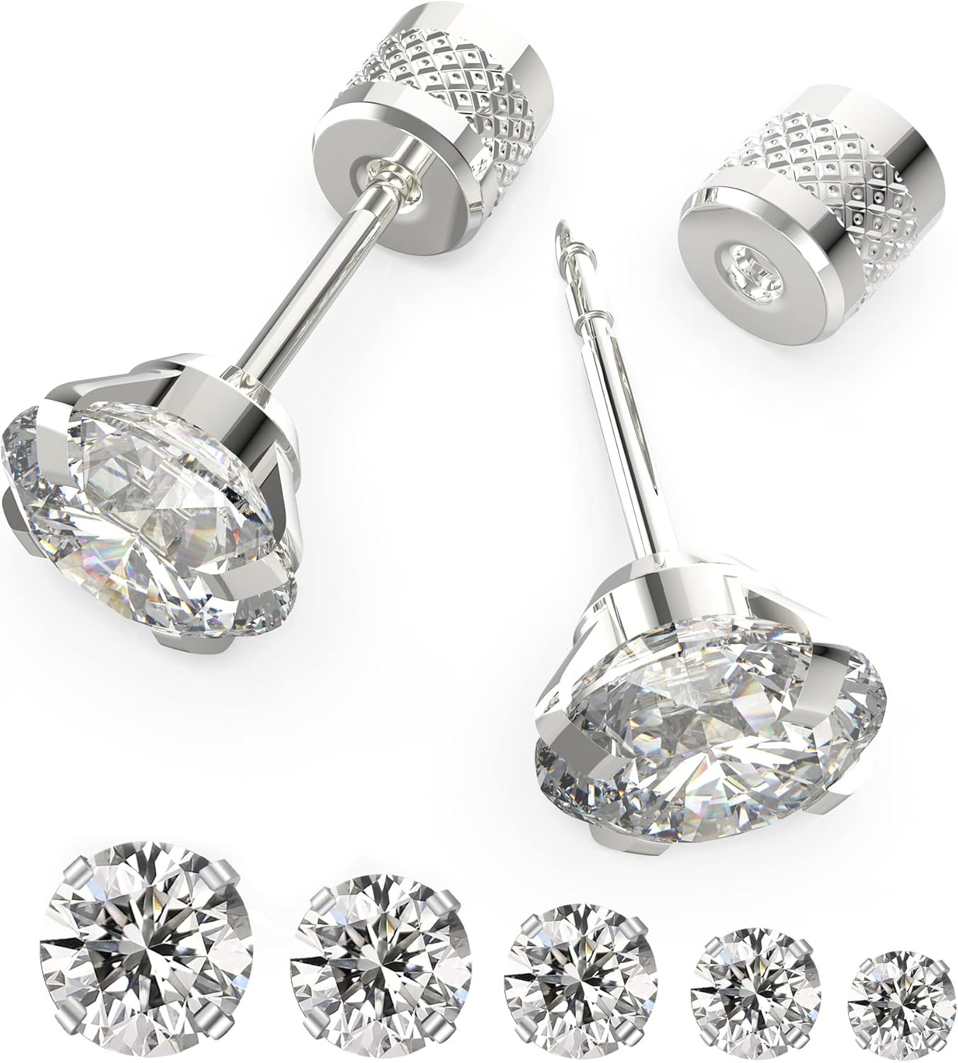 5-6 Pairs Push-In Flat Back Stud Earrings Hypoallergenic Surgical Stainless Stee