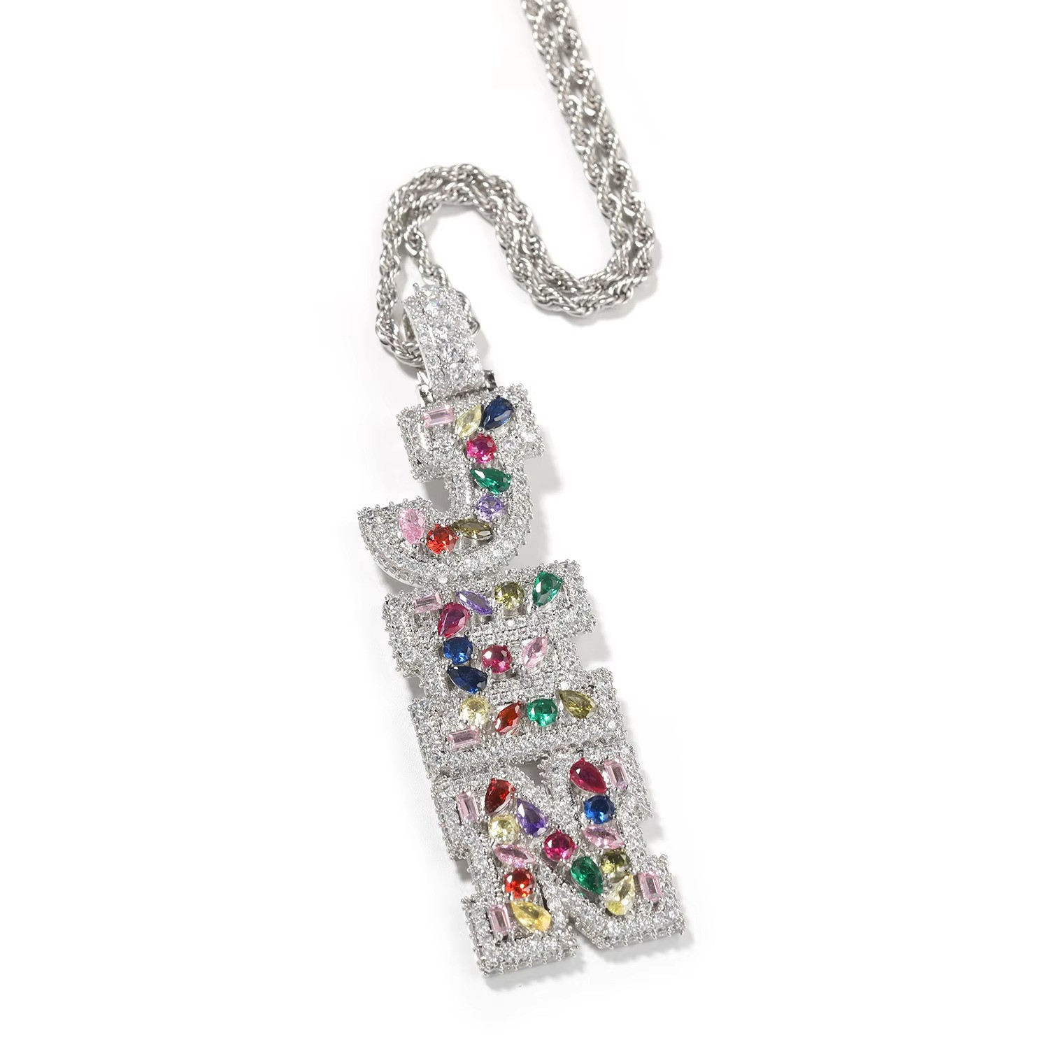 5AAA+ CZ Multicolor Ice Out Hop Hip Bling Vertical Mixed Inlay Letter Pendant