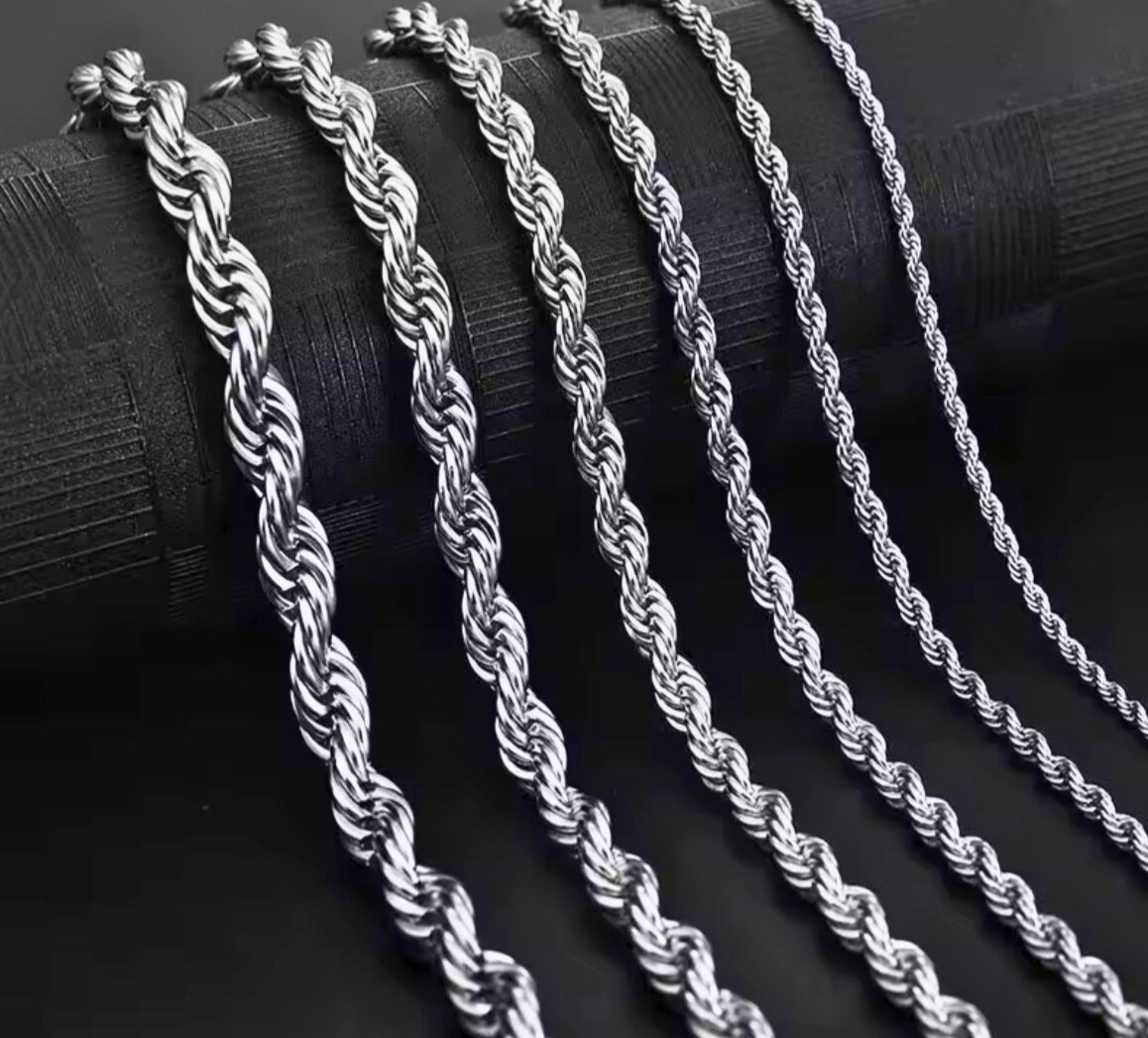 925 Sterling Silver Rope Link Chain Necklace–Unisex, Stainless Steel, Plated