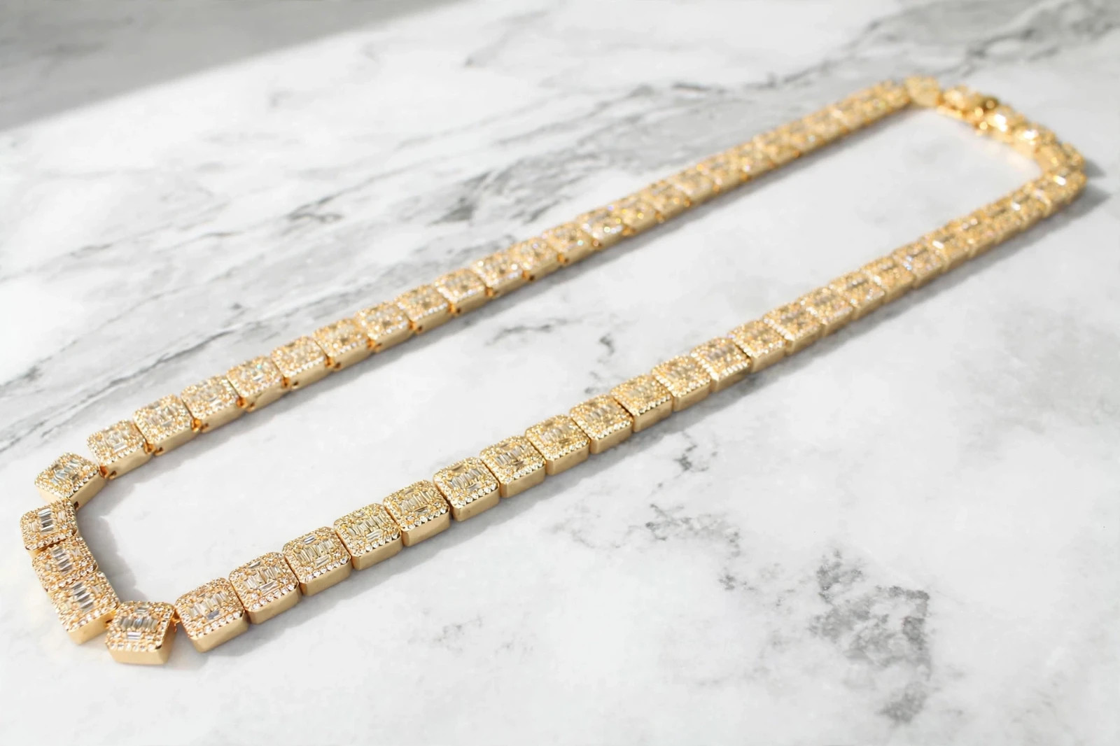 14k STAMPED Gold 10mm BAGUETTE Tennis 124ct Lab Sim Diamond Chain 143g Gold