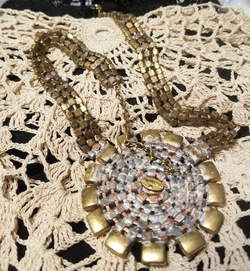 Bijoux M.G. Czech Republic 1940-1950 Antique Necklace,16″, 3″Crystal Medallion