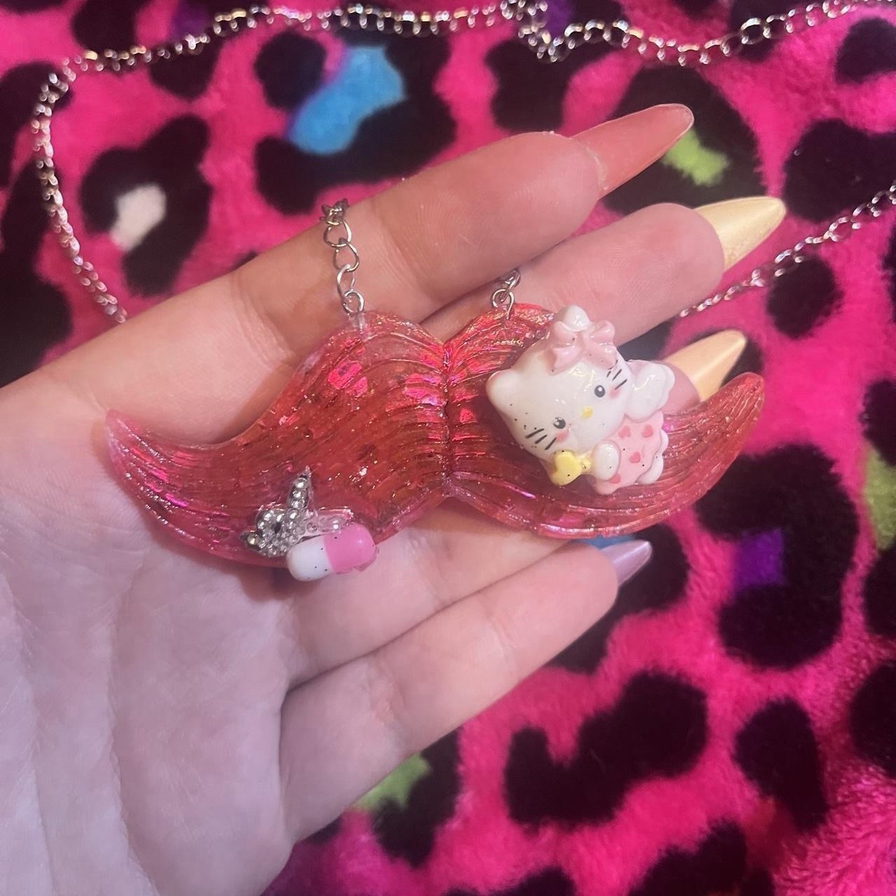 Pink glitter mustache charm pendant necklace handmade