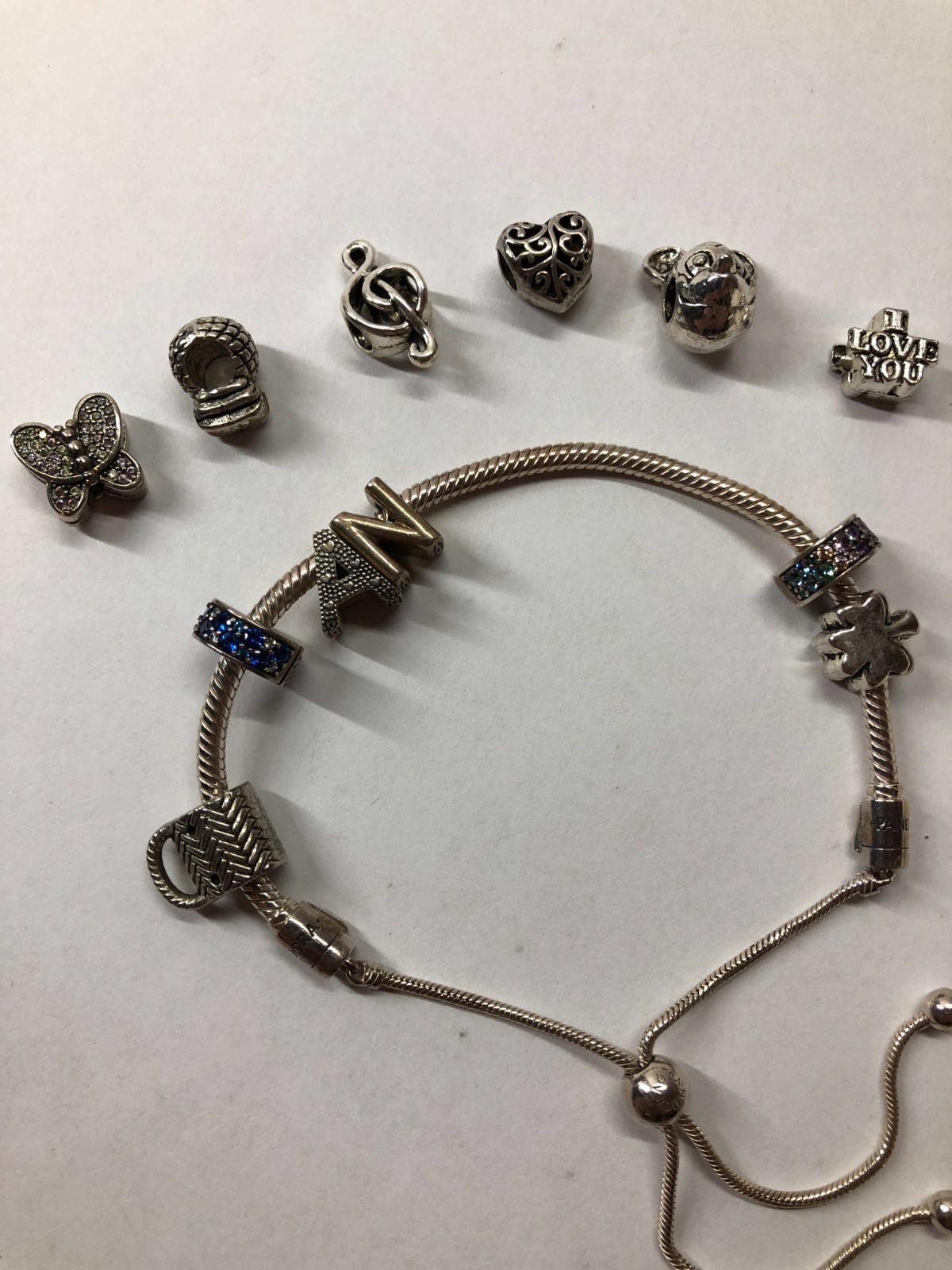 Pandora Snake Chain Slider Bracelet With Various Charms Initials N & A Carry Bag