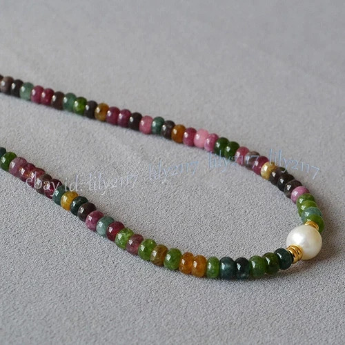 Natural Colorful Tourmaline Rondelle Gemstone Beads White Pearl Necklace 14-48”