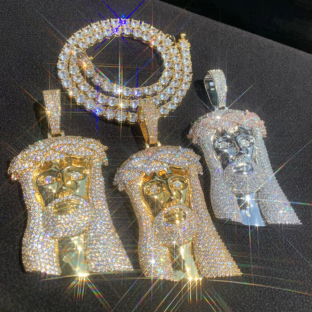 Hip Hop Jesus Face Pendant Necklace Full Zircon 18K Gold Plated Religion Jewelry