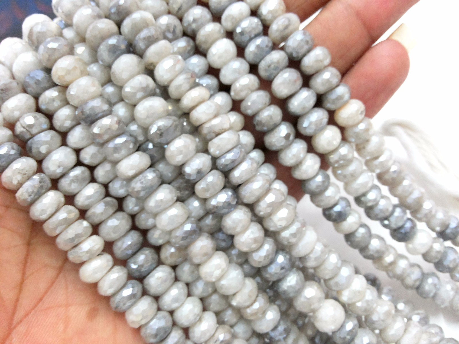 1 Strand Natural Silver Coated Moonstone Rondelle Faceted 7-8mm Beads 10″inch