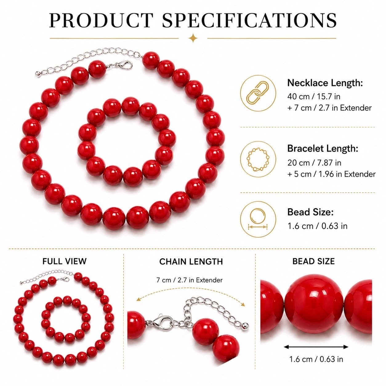 Chunky Red Beaded Necklace for Women – Adjustable 16MM Pearl Choker, Boho Statem