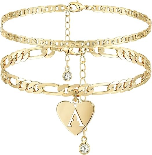 14k Gold Initial Ankle Bracelet for Women 10k Solid Gold Layered Figaro Anklets