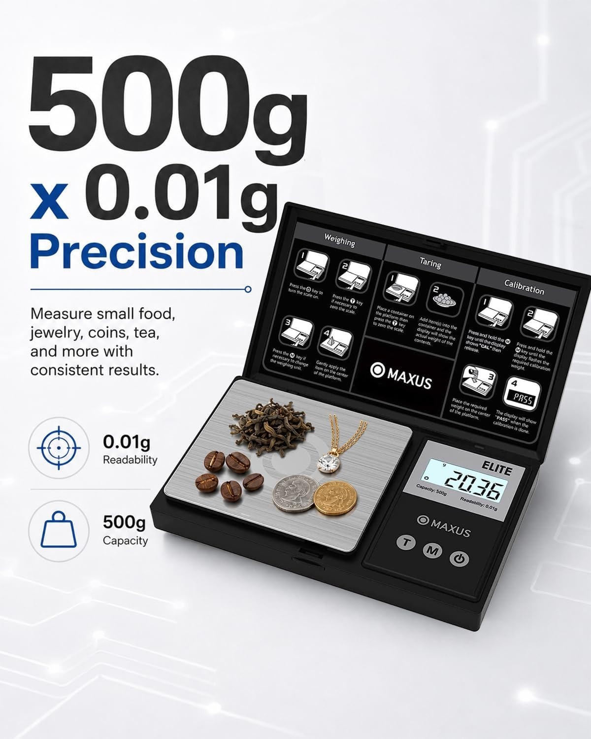 500g Digital Pocket Gram Scale 0.01g Precision with Backlit Tray for Home Use