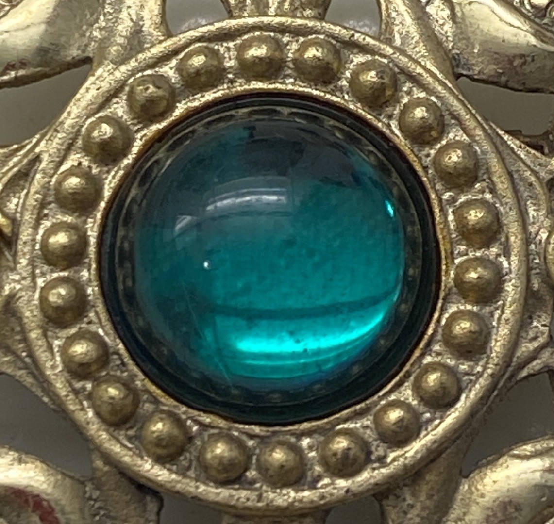 Vintage Art Deco Era Brooch Teal Foil Backed Glass Cabochon Champagne Tone