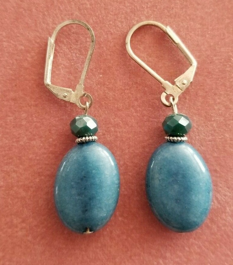 Handmade in USA. Nice Blue Oval Jade earrings – FREE SHIPPING!