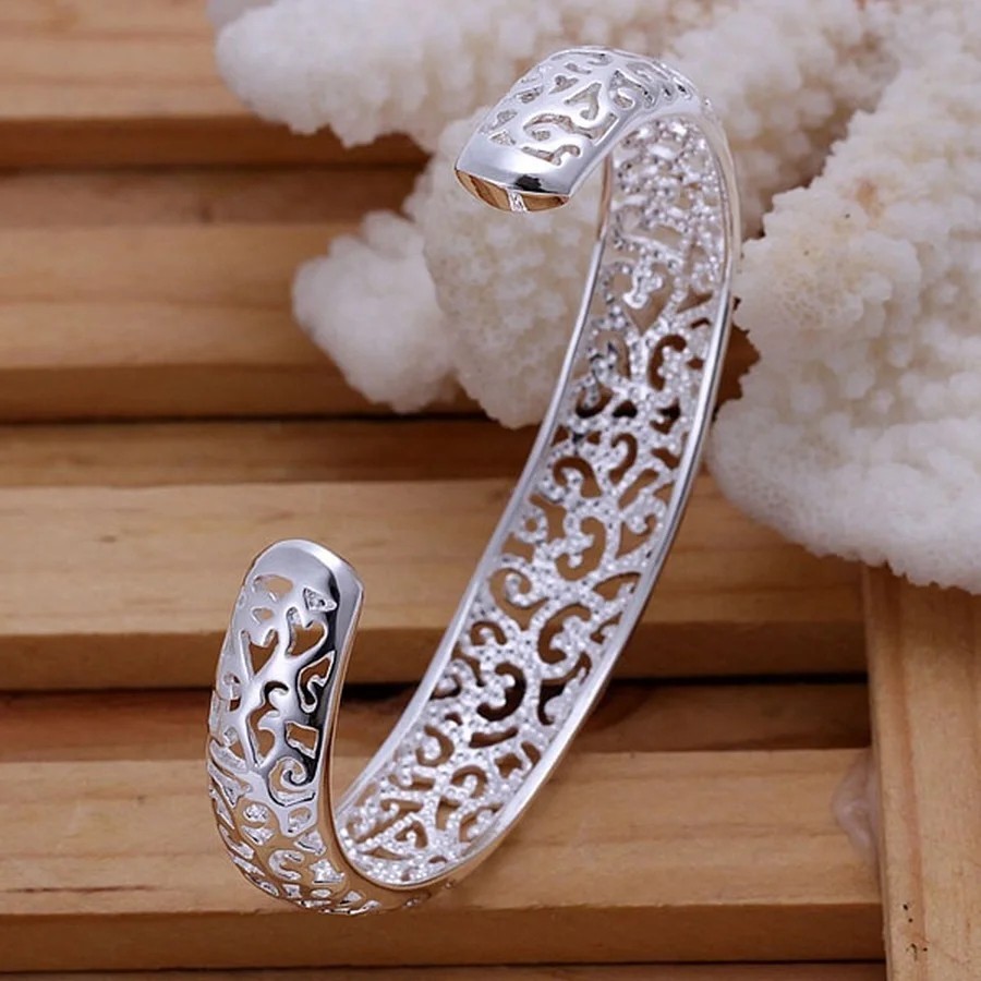 925 Sterling Silver Open Bangle Bracelet Women Round Charm Adjustable Jewelry
