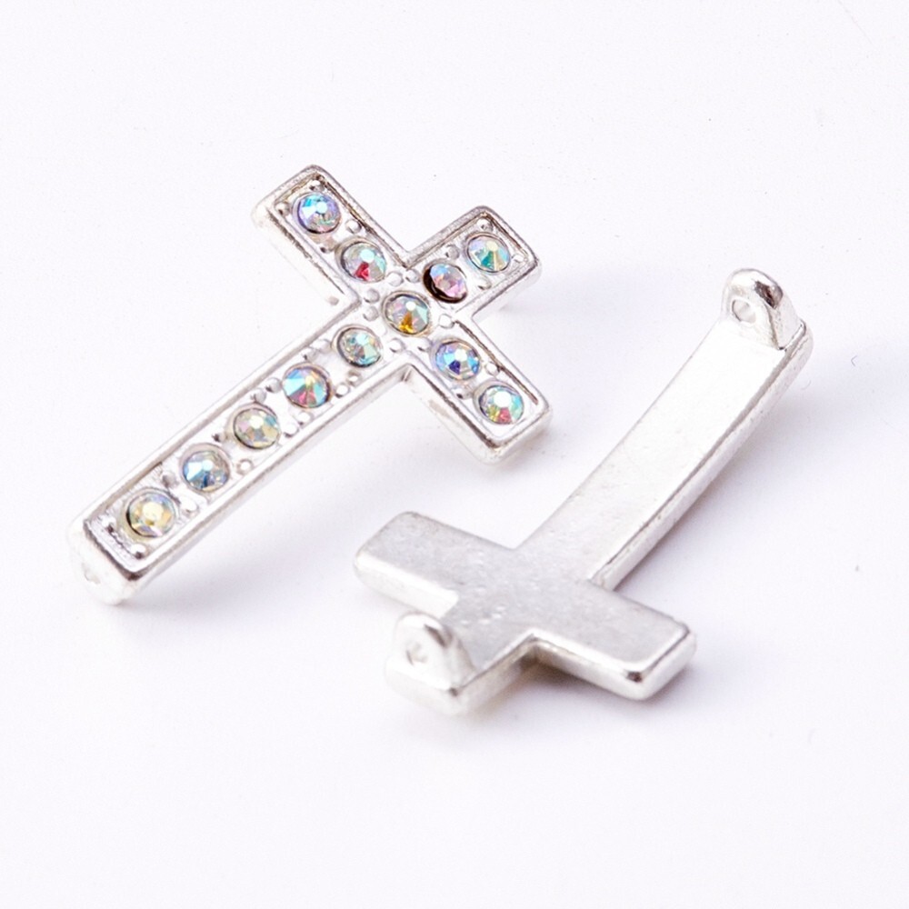 Silver Plated Alloy Rhinestone Links, Cross Set of 5