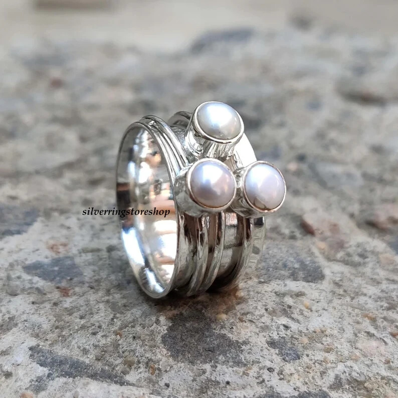 Pearl Spinner Ring, 925 Sterling Silver Ring, Handmade Ring, Women Ring,All Size