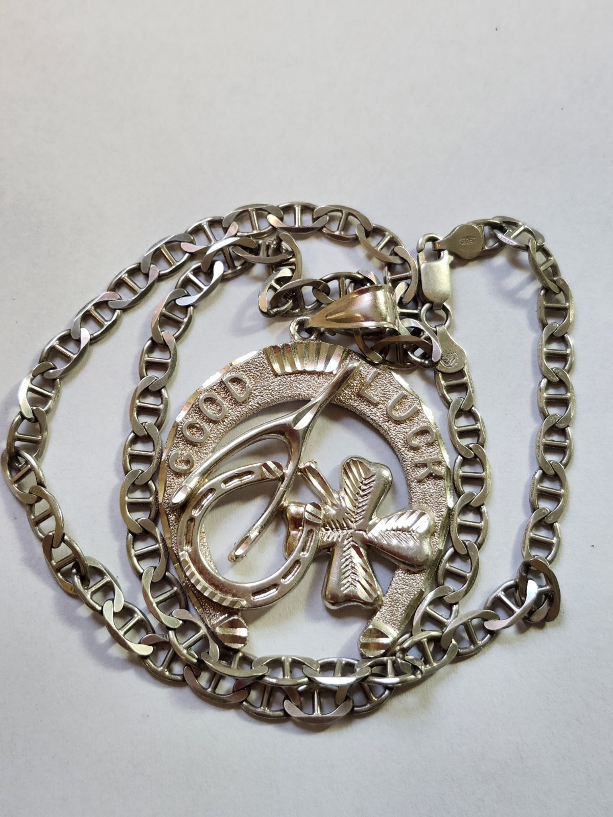Mens Sterling Silver Pendant And Anchor Chain 43.8 Grams 1990s 22.5 Inch Chain