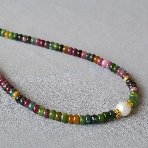 Natural Colorful Tourmaline Rondelle Gemstone Beads White Pearl Necklace 14-48”
