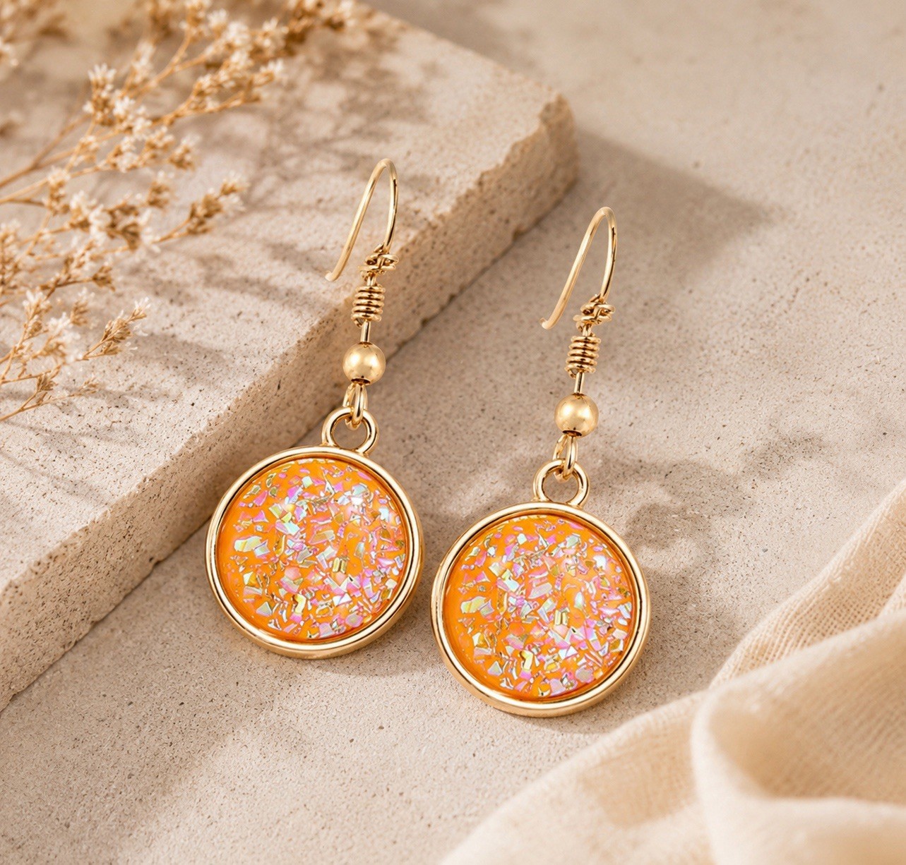 Orange Druzy Resin Dangle Earrings, Gold Tone Minimalist Jewelry