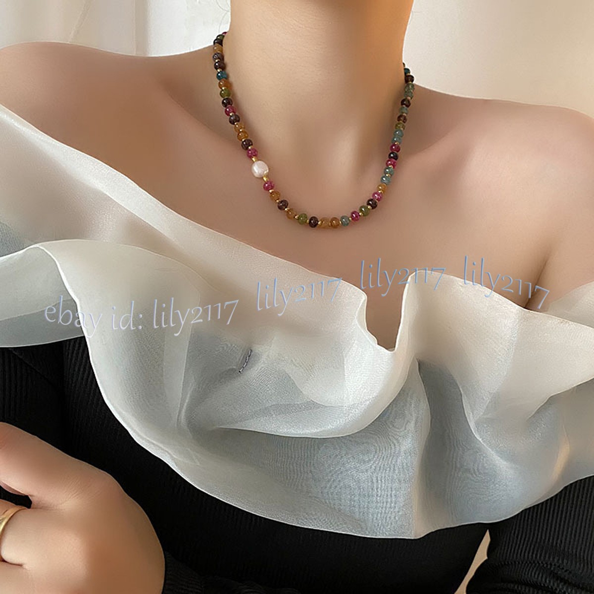 Natural Colorful Tourmaline Rondelle Gemstone Beads White Pearl Necklace 14-48”