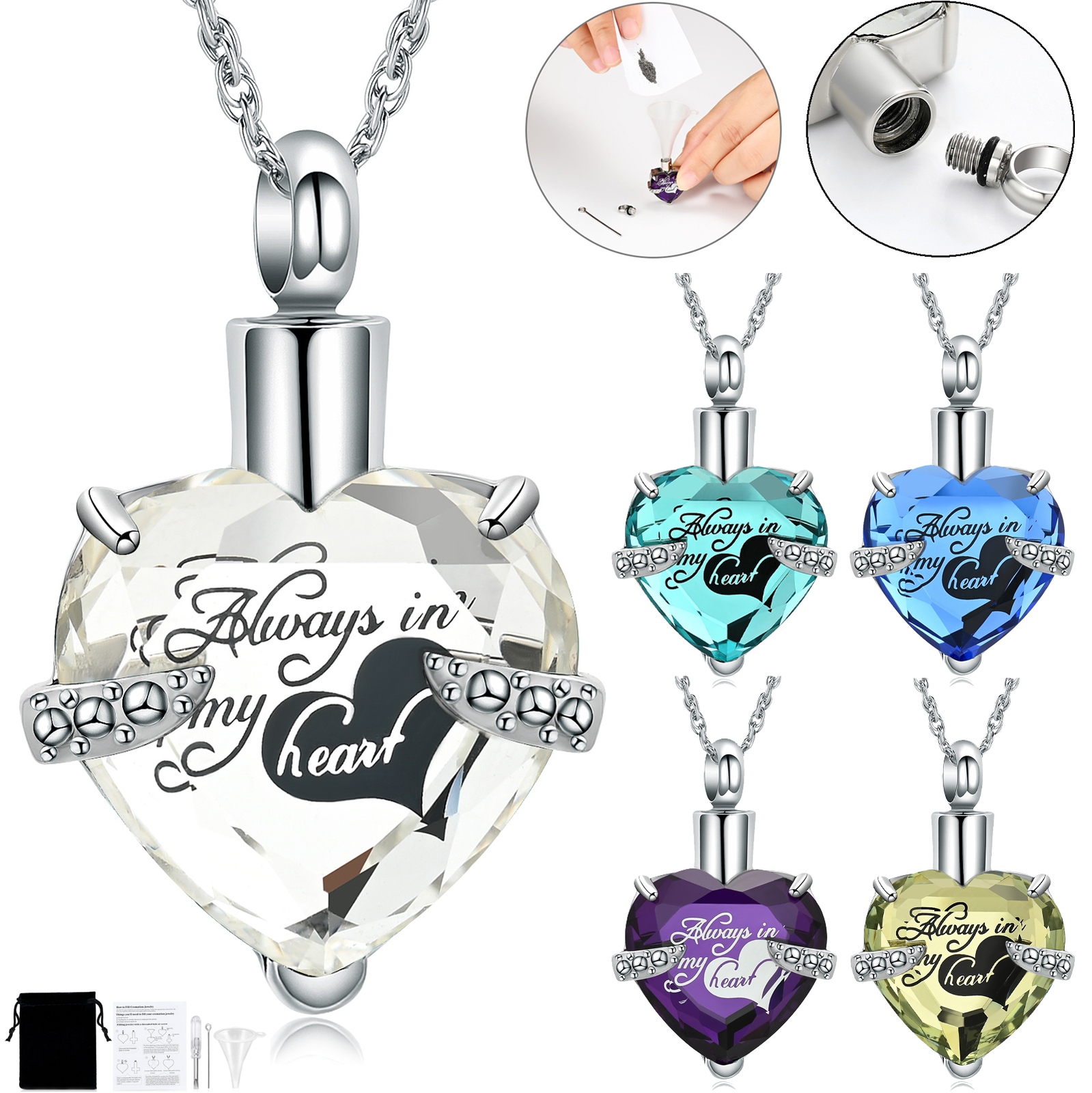 Crystal Cremation Jewelry for Ashes – Heart Urn Pendant Memorial Ashes Necklace
