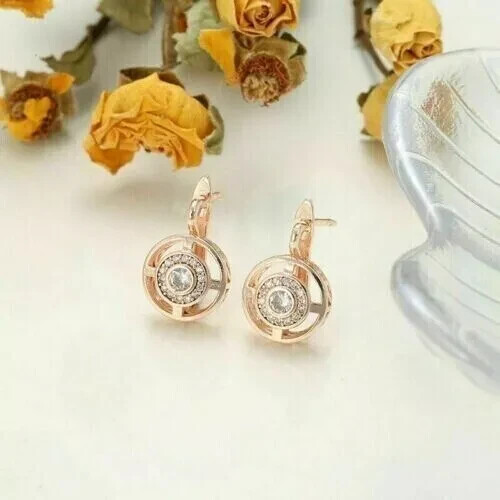 Art Deco Style Round Lab Created Diamond Wedding 14Ct Rose Gold Finish Earrings