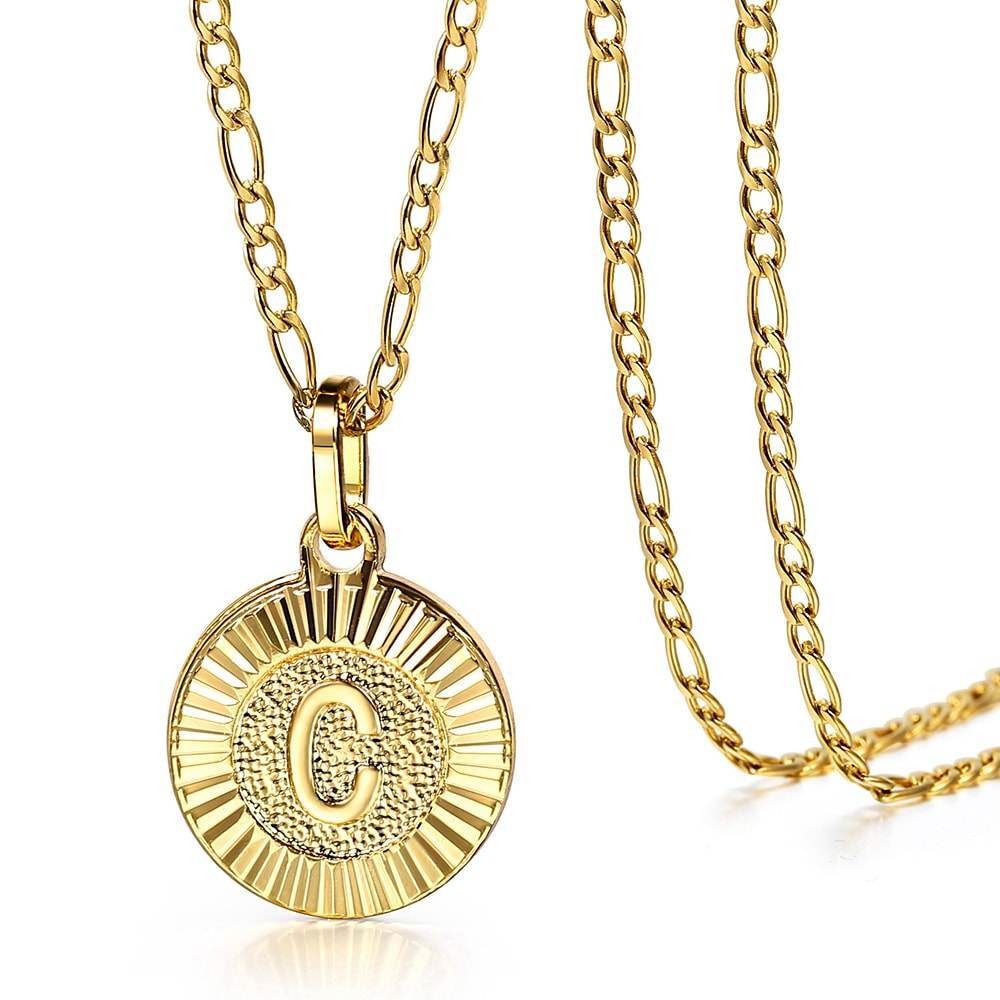 18″ New Gold Plated Initial Letter Necklace Pendant Stainless Steel Figaro Chain