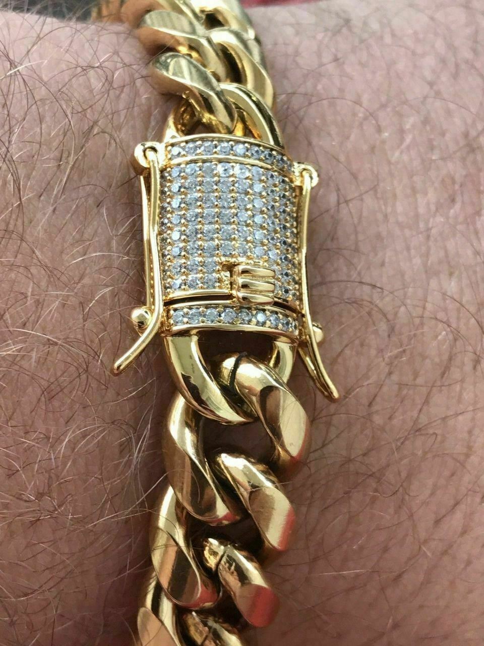 Men Real Cuban Miami Link Bracelet Chain Set 18k Gold Plated Simulated Diamond