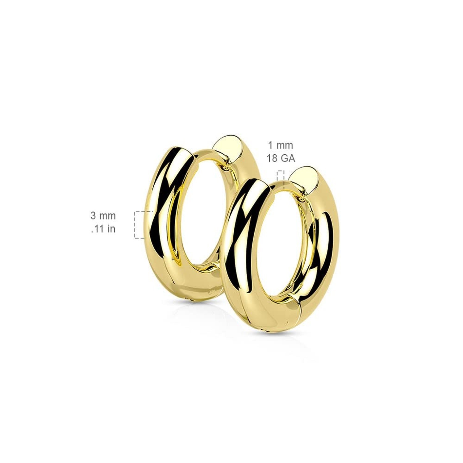 18GA 316L Stainless Steel 3mm Thick Hinged Round Hoop Earrings, Sold as a Pair
