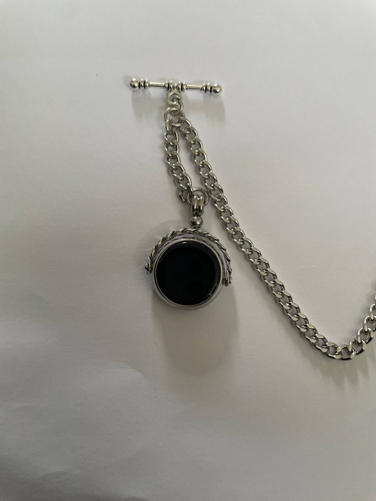 s vintage type single albert silver plated pocket watch chain spinning fob stone