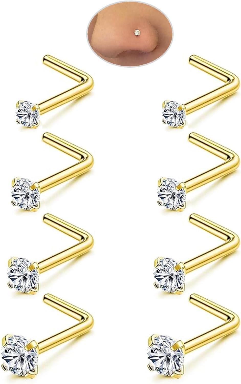 Nose Rings Studs Set for Women Men: 8Pcs 18G 20G 22G 20G/0.8Mm, Gold