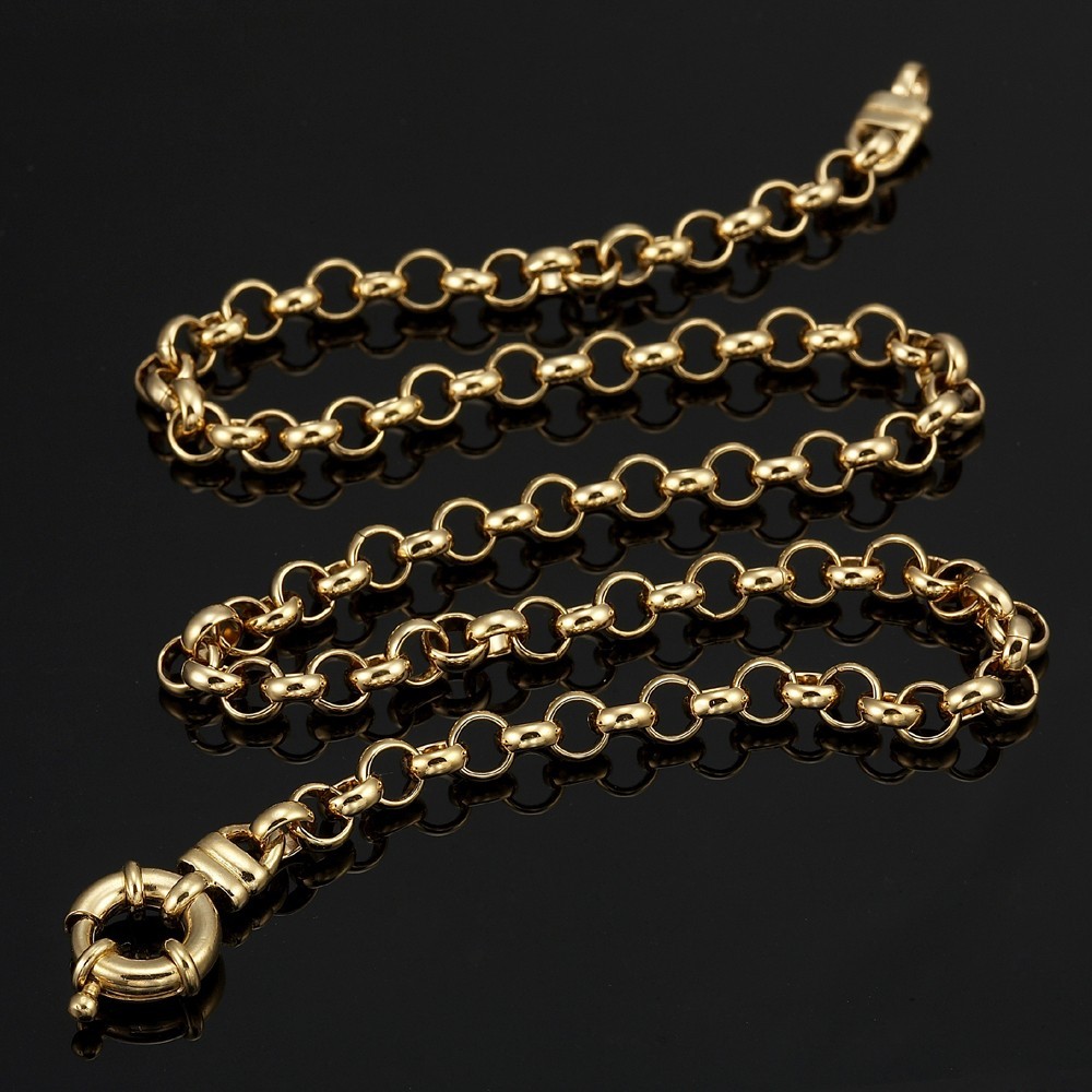 18K GL Solid Belcher Yellow Gold Necklace with Antique Style Lifebuoy Clasp