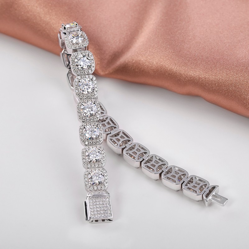 Full Real Moissanite Halo Tennis Bracelet Men 925 Sterling Silver Chain Hip Hop