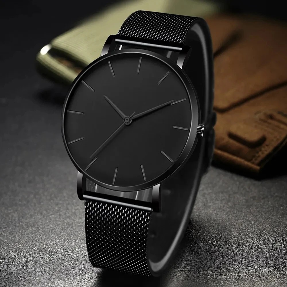 Men Quartz Blackout Watch – Minimalist Ultra Thin Stainless Steel Watch