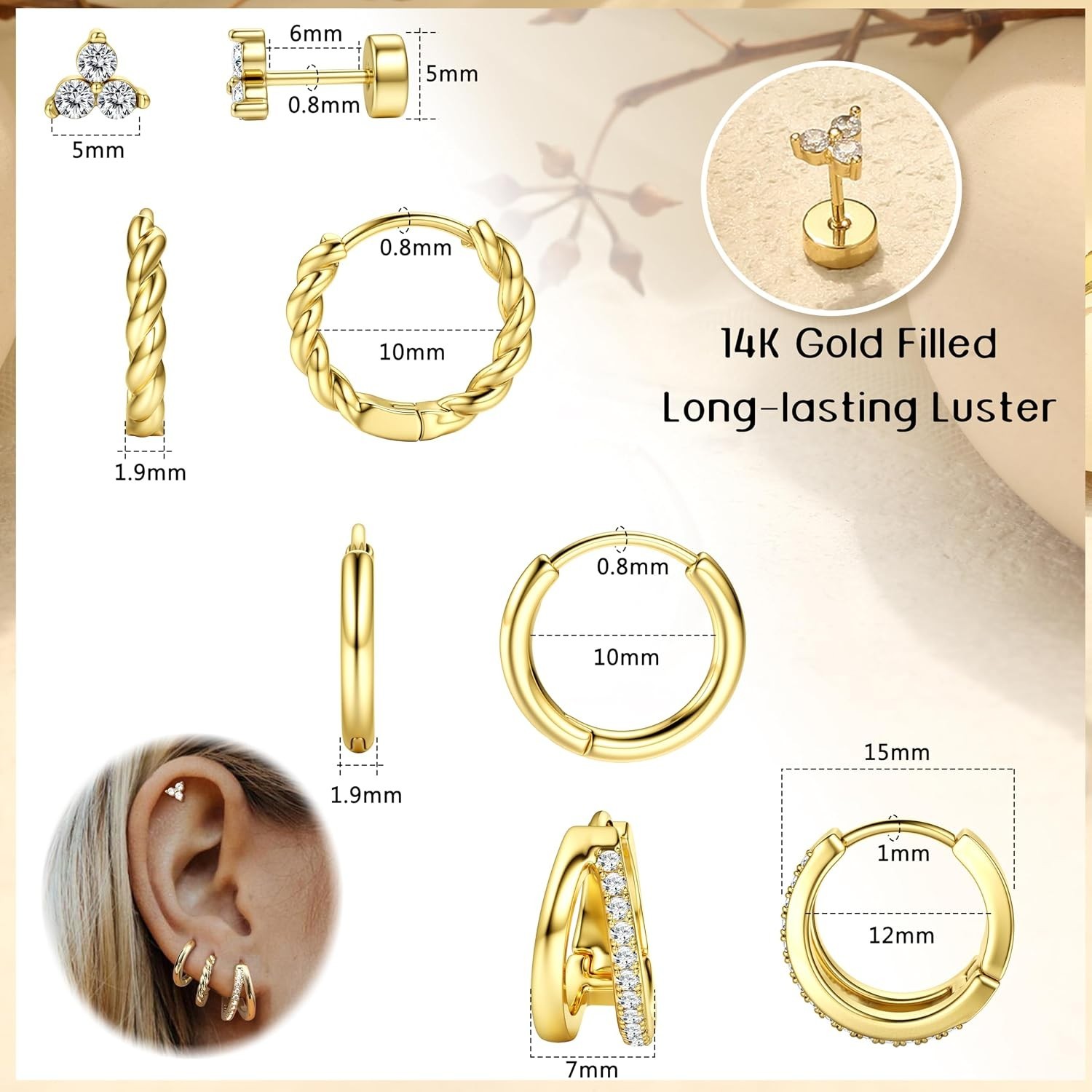 14K Gold Plated Dainty Huggie & Stud Earrings Set for Sensitive Ears – 4 Pairs