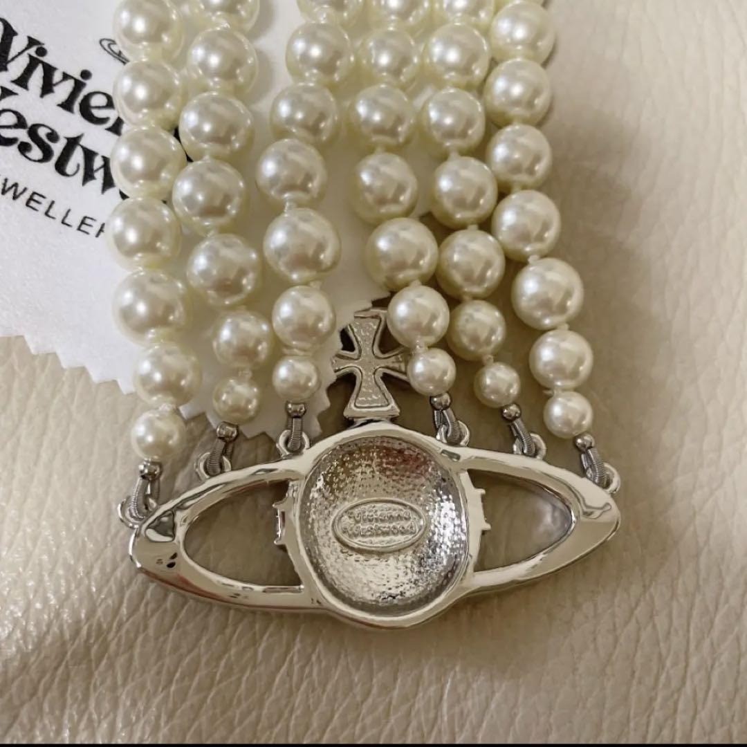 Vivienne Westwood Necklace 3-strand Pearl Choker Silver 40cm w/Pouch NO BOX