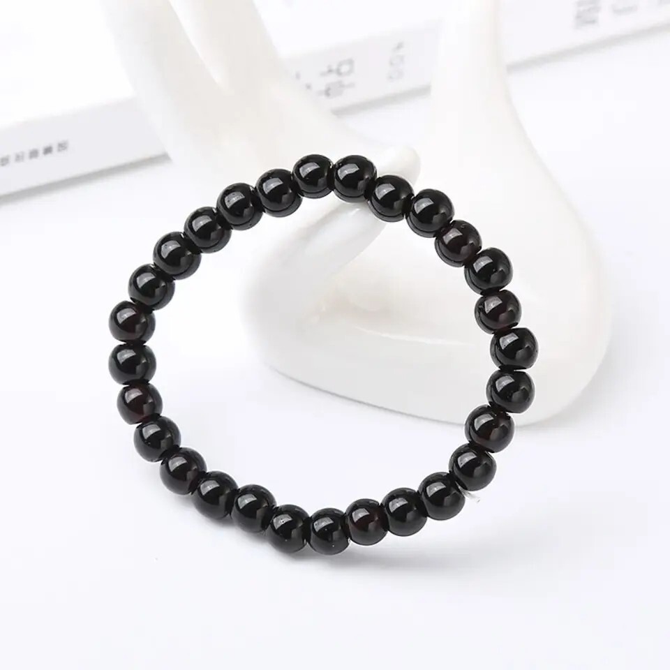 Beaded Bracelet 6mm Natural Stone Beads Men’s Gorgeous Semi-Precious Black Onyx
